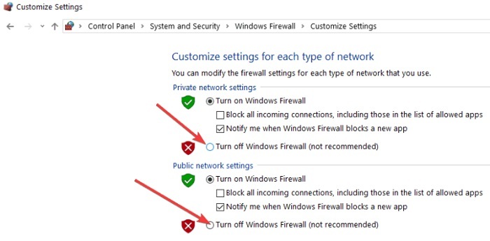 tühjendage ruut valiku Lülita välja Windowsi tulemüür kõrval