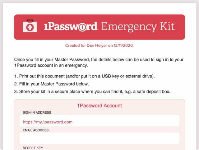 Kit d'urgence 1Password PDF