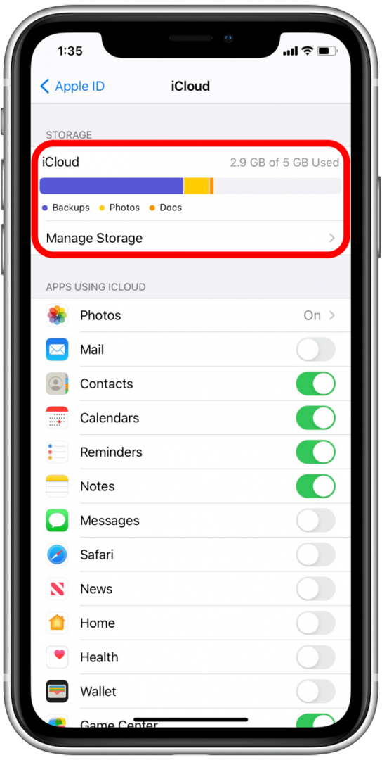 Прегледайте резюмето на iCloud Storage