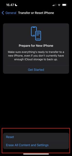 képernyőkép, amely bemutatja az iphone visszaállítását vagy törlését