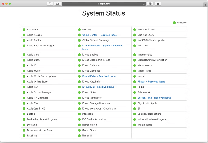 Проверьте статус сервера Apple