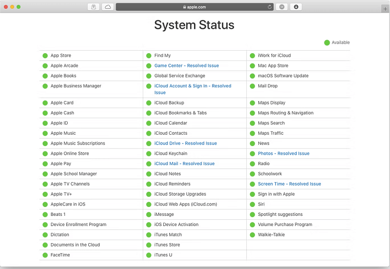 Kontrollige Apple'i serveri olekut