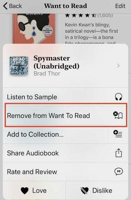 iOS Books 앱의 위시리스트에서 책 제거