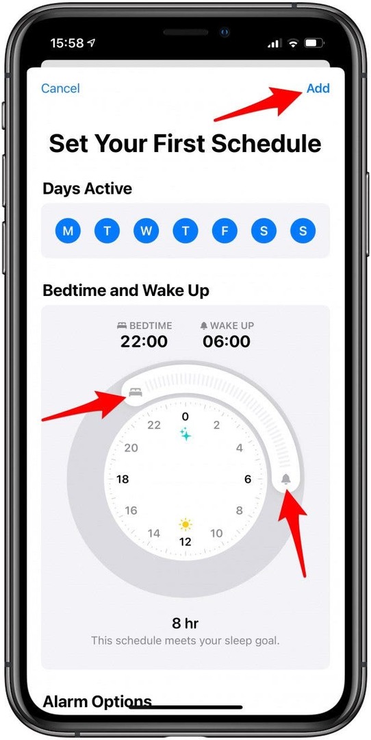 Настройте графика си, като плъзнете леглото до предпочитаното от вас време за лягане и алармата до предпочитаното от вас време за събуждане.