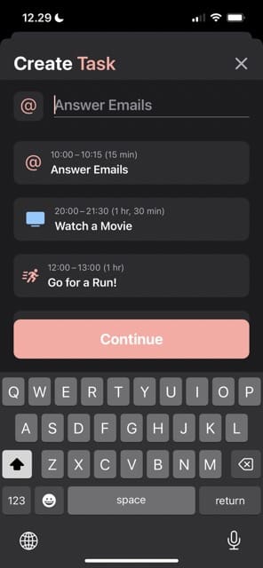 Screenshot die laat zien hoe je een taak aanmaakt in Structured voor iOS