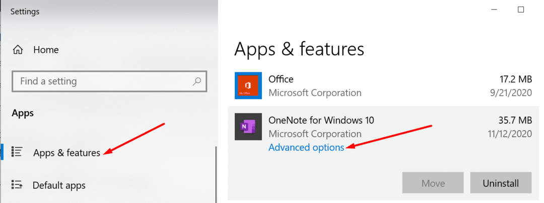 „onenote“ išplėstinės parinktys „Windows 10“.