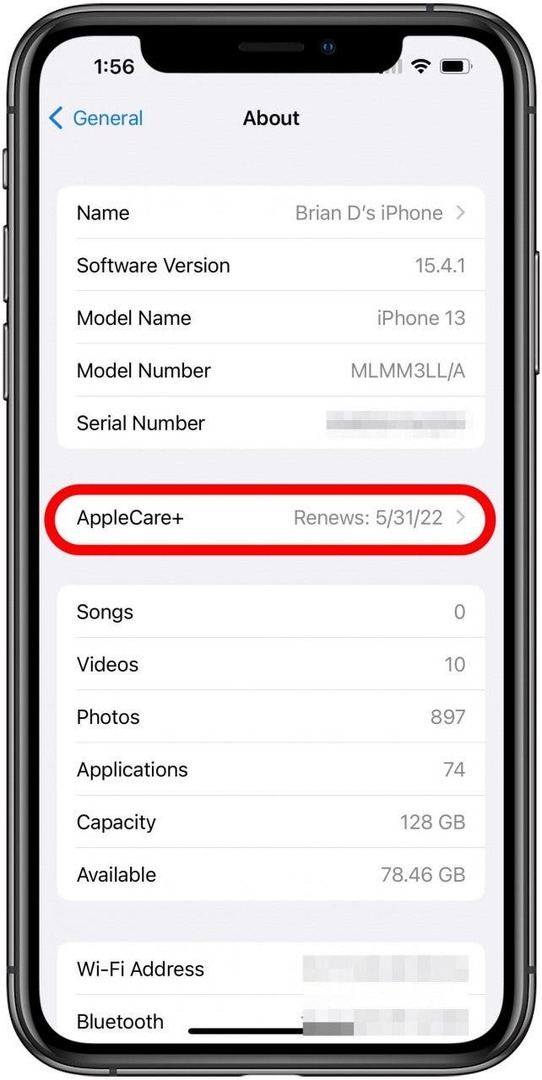 הגדרות כלליות על מסך עם AppleCare+ מסומן.