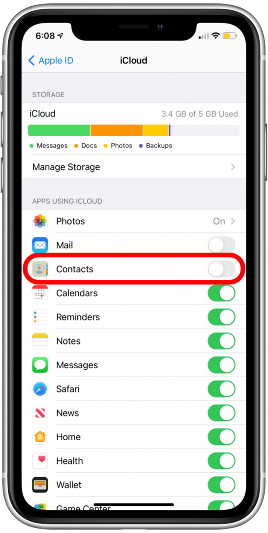 Se l'interruttore Contatti è grigio, toccalo per abilitare la sincronizzazione dei contatti con Apple Watch