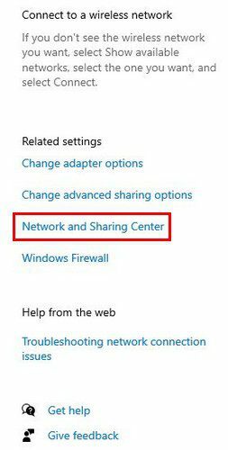 Hálózati és megosztási központ Windows 10