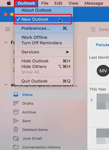 Отключить параметр «Новый Outlook» в меню приложения Outlook, чтобы переключиться с нового Outlook на старый на Mac