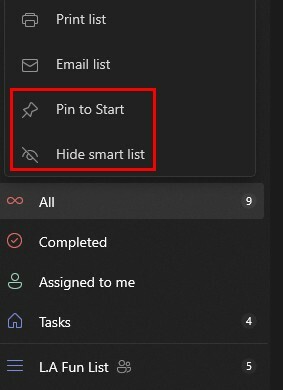 प्रारंभ करने के लिए पिन करें सूची टू-डू छुपाएं