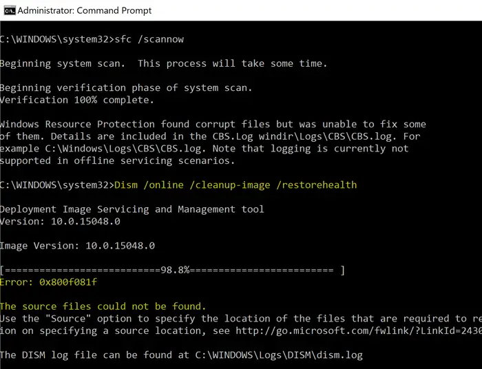 DISM Error 0x800f081f Izvorne datoteke nisu pronađene