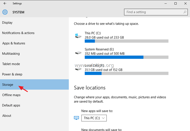 paramètres de stockage Windows 10