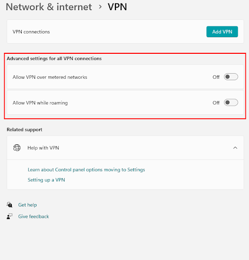 Netzwerk und Internet – VPN über getaktete Netzwerke zulassen