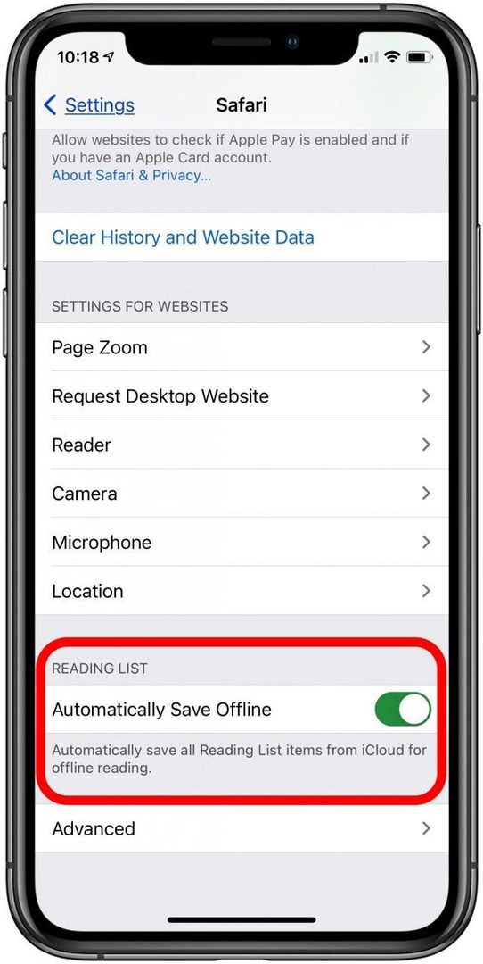 ative salvar automaticamente off-line na lista de leitura nas configurações do safari