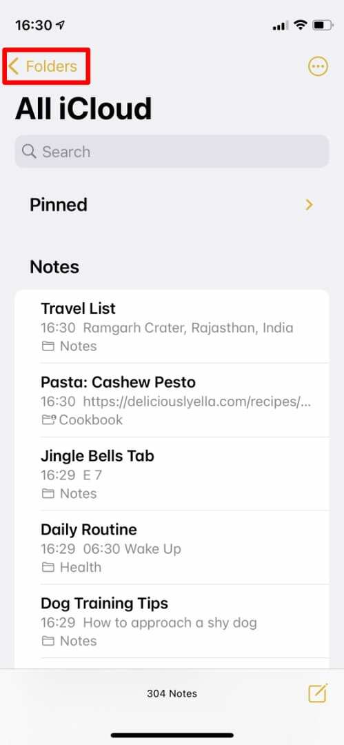 Aplikacija Apple Notes, ki poudarja gumb za nazaj