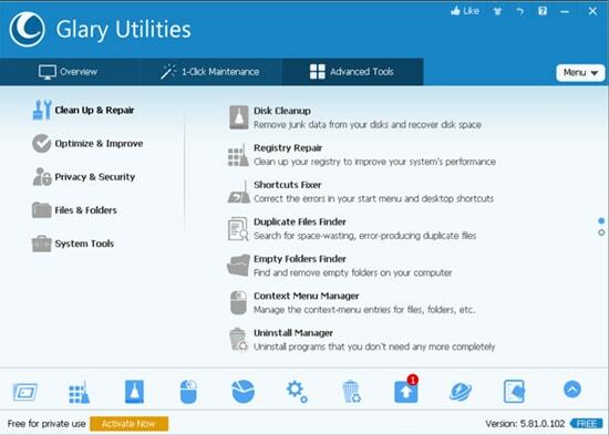 Software-ul Glary Utilities pentru Optimize Windows PC