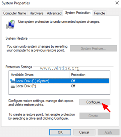 configurar restauração do sistema