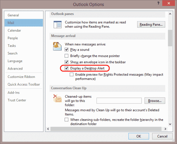 Outlook 2013 Desktop Alert -asetus