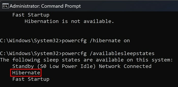 Tilgængelige muligheder dvale kommandoprompt Windows 11