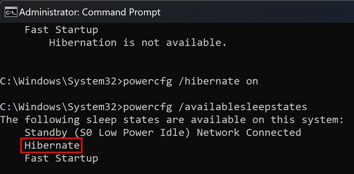 Opções disponíveis prompt de comando de hibernação Windows 11