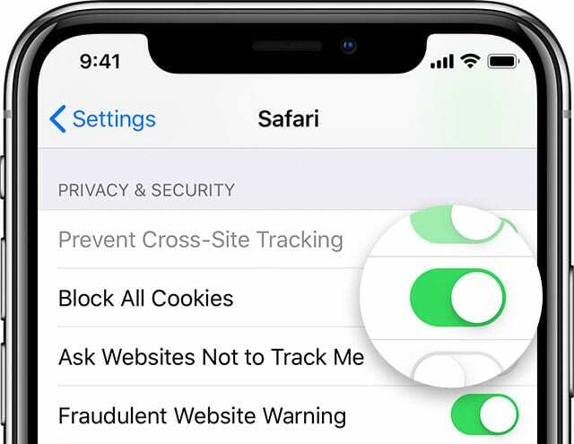 حظر ملفات تعريف الارتباط في iOS 12 Safari