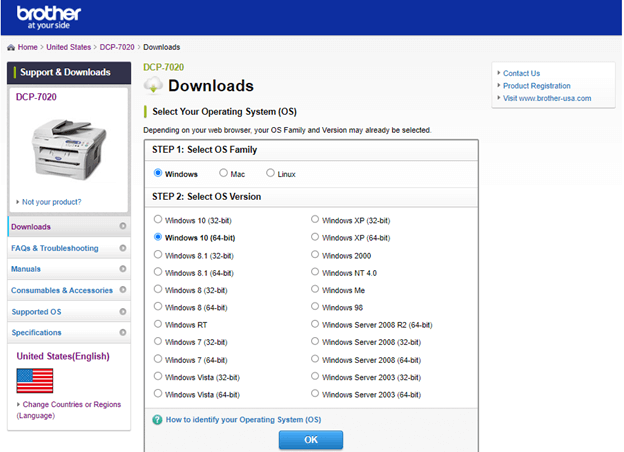 Selecteer Besturingssysteem om de Brother T220-printerdriver te downloaden