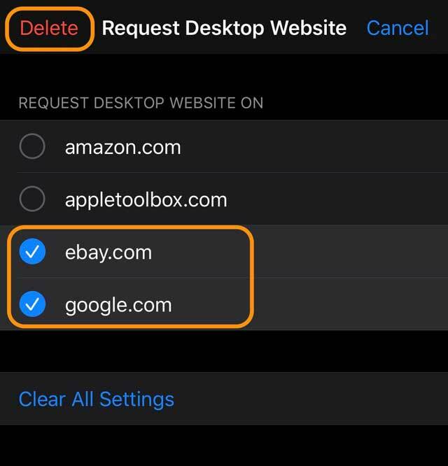 supprimer des sites spécifiques dans Safari iOS 13 de l'affichage de la version de bureau des sites Web