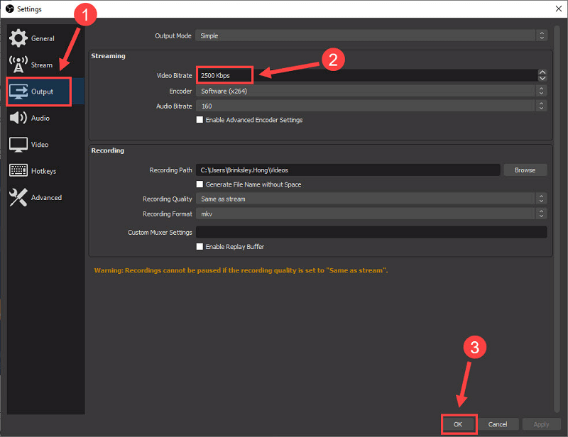 Wählen Sie eine niedrigere Bitrate aus der Videobitrate in obs