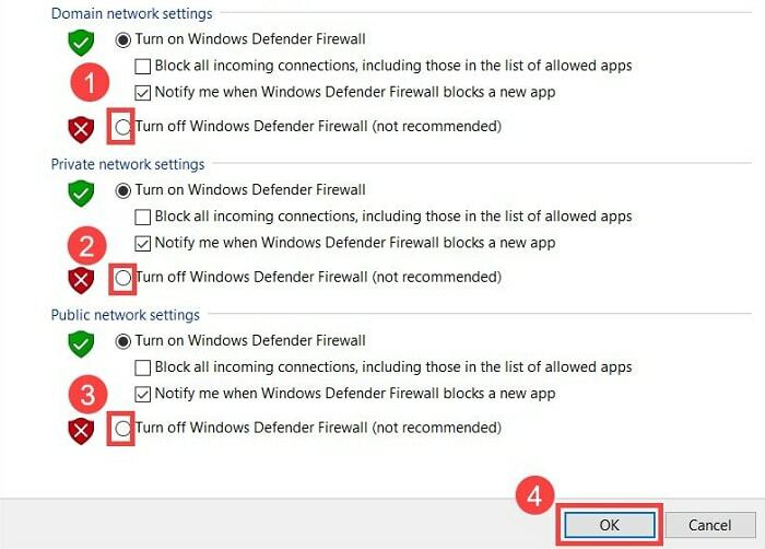 Izslēdziet Windows Defender ugunsmūri