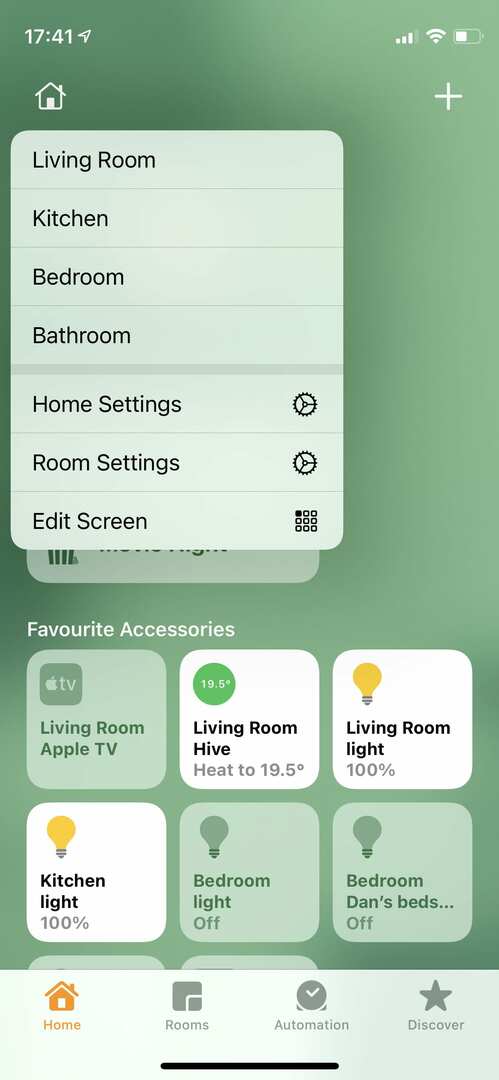 Option de paramètres de la maison et de la pièce sur iPhone