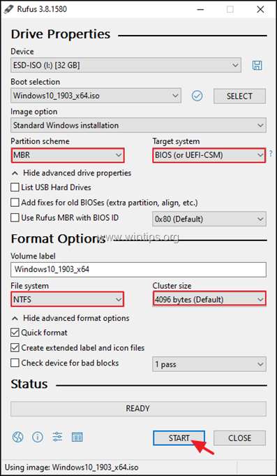 Windows 10 USB עבור מערכת BIOS MBR