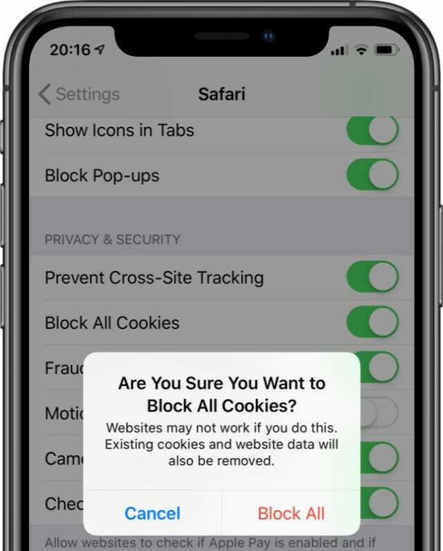 IPhone XS पर सभी कुकीज़ को ब्लॉक करें