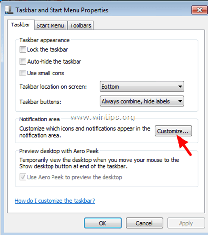 prispôsobiť oblasť oznámení ikony Windows 7