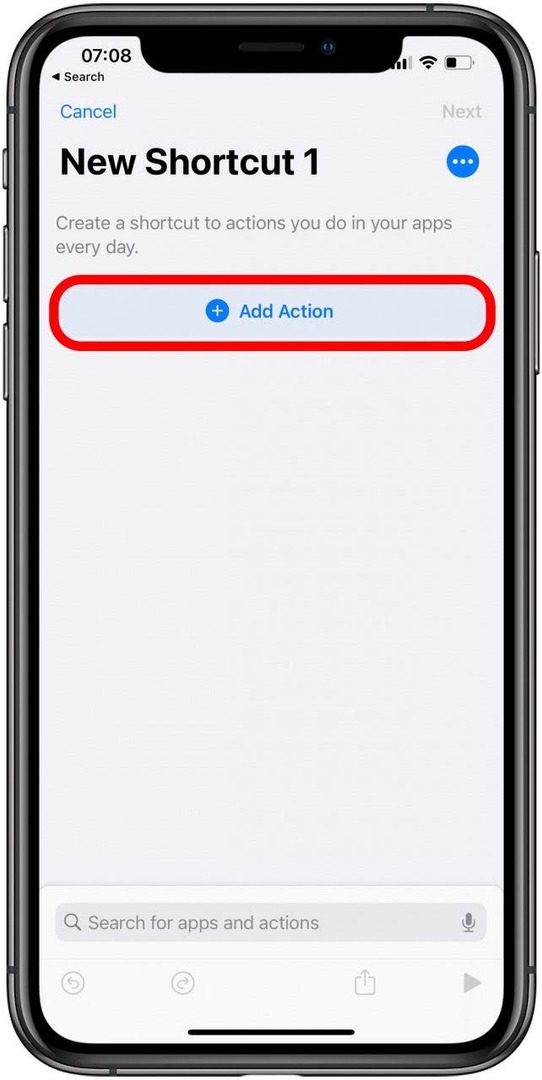 शॉर्टकट ऐप में एक्शन जोड़ें पर टैप करें
