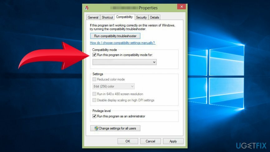 Установіть прапорець «Запустити цю програму в режимі сумісності для»