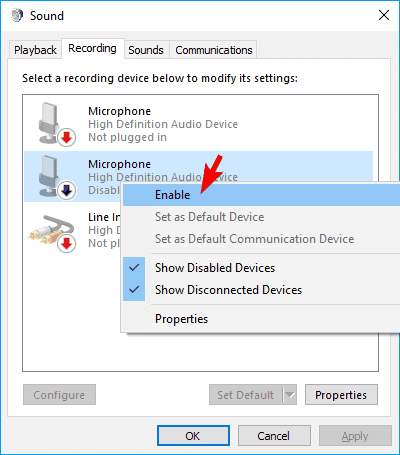 Mikrofonas – pasirinkite parinktį Įjungti