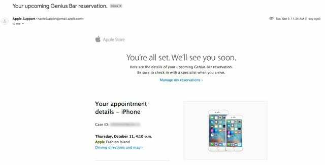 nadolazeća rezervacija Genius Bara putem e-pošte s web-mjesta za podršku Applea