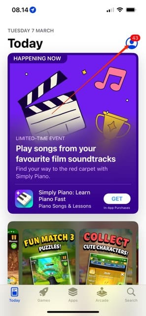 Captura de pantalla que muestra el ícono de persona en la App Store