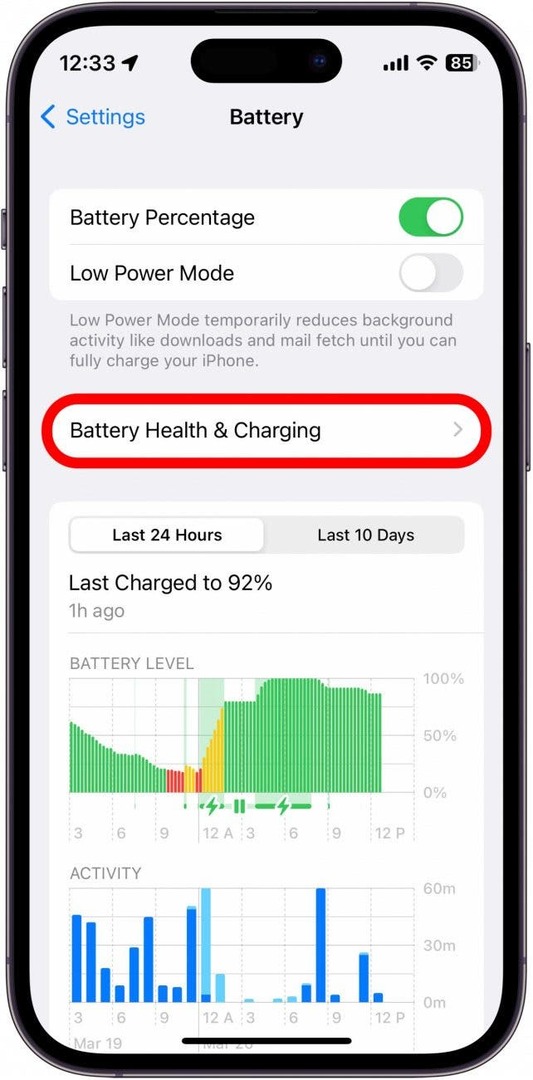 Appuyez sur Santé et charge de la batterie.