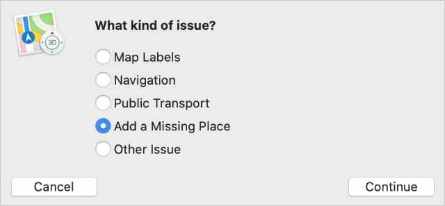 Rapportera ett problem alternativ i Mac Apple Maps