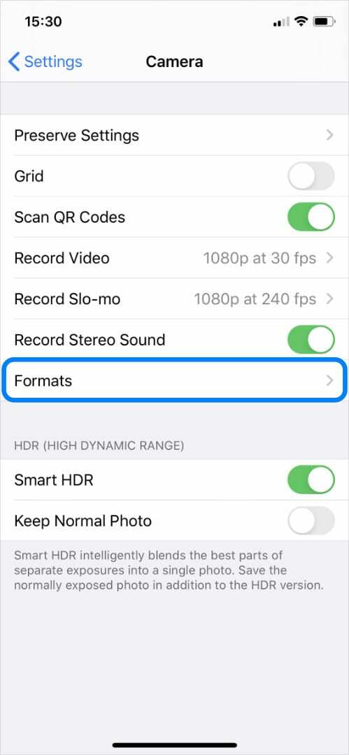 A Formátumok opció az iPhone fényképezőgép beállításaiban