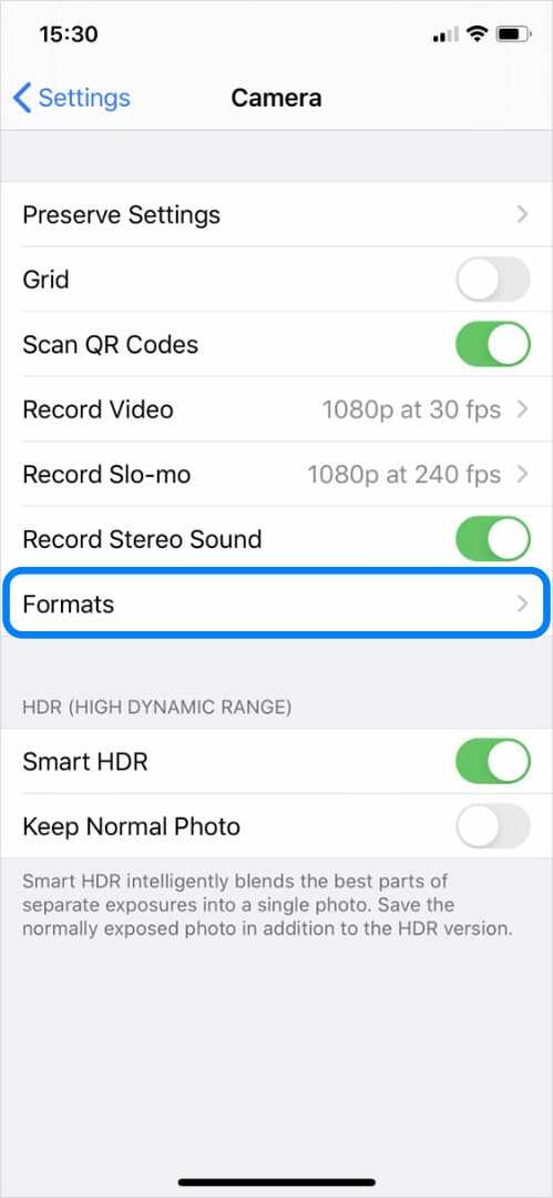 Opcija formata u postavkama kamere na iPhoneu