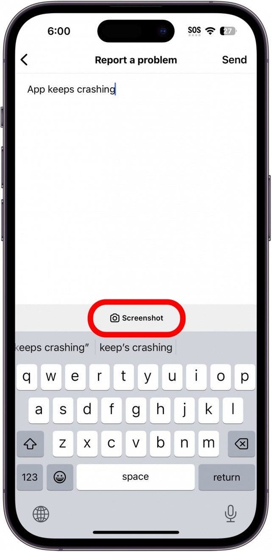 instagram nahlási problémovú obrazovku s tlačidlom snímky obrazovky zakrúžkovaným červenou farbou