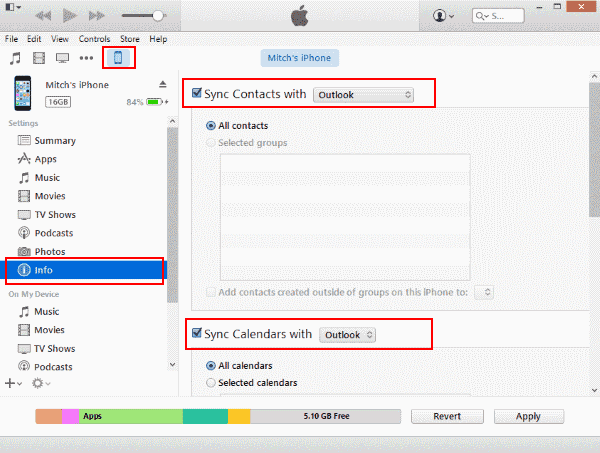 Impostazioni di sincronizzazione di iTunes con Outlook