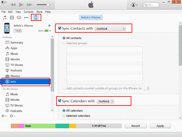 การตั้งค่าการซิงค์ iTunes Outlook