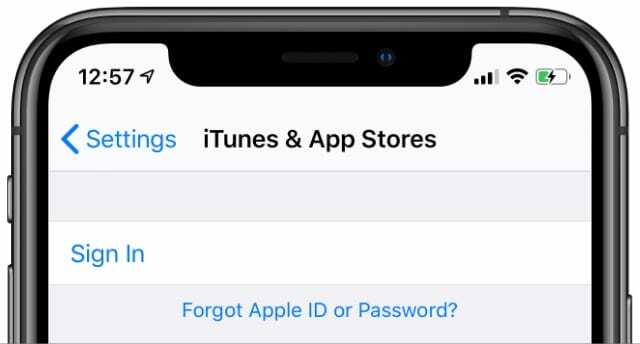 iTunes un App Store pierakstīšanās poga no iPhone iestatījumiem