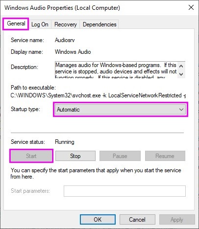 Avvio automatico del servizio audio di Windows all'avvio