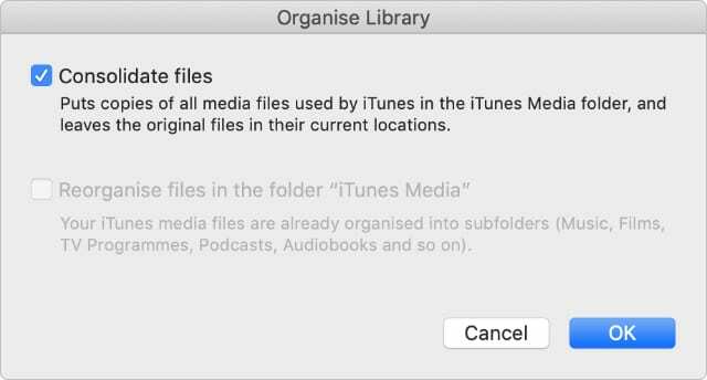 Okno iTunes na konsolidáciu súborov v knižnici médií iTunes