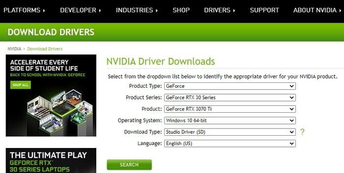 NVIDIA ड्राइवर के लिए उत्पाद प्रकार, श्रृंखला और OS का चयन करें